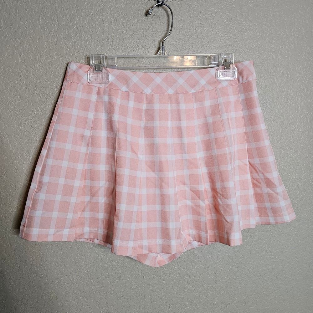 Pink Lily Gingham Pleated Pink White Plaid Mini Skort Large